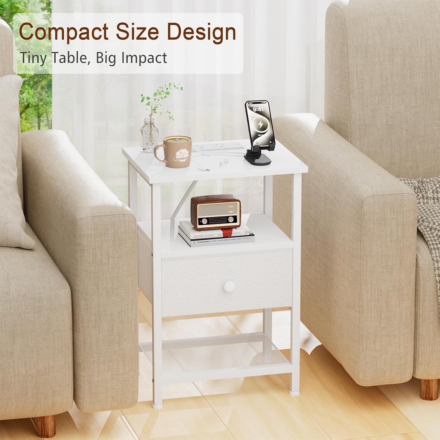 White Bedside Table with Charging Station Small Nightstand Drawer & Shelf