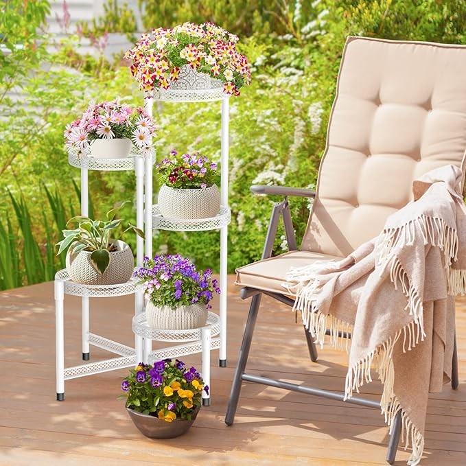 5 Tier White Metal Plant Stand Indoor Outdoor Corner Tall Flower Display Rack