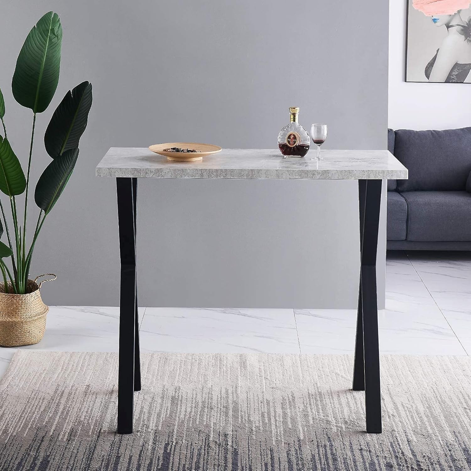 Grey Marble Effect Breakfast Bar Table with Metal Legs – Modern Counter Dining