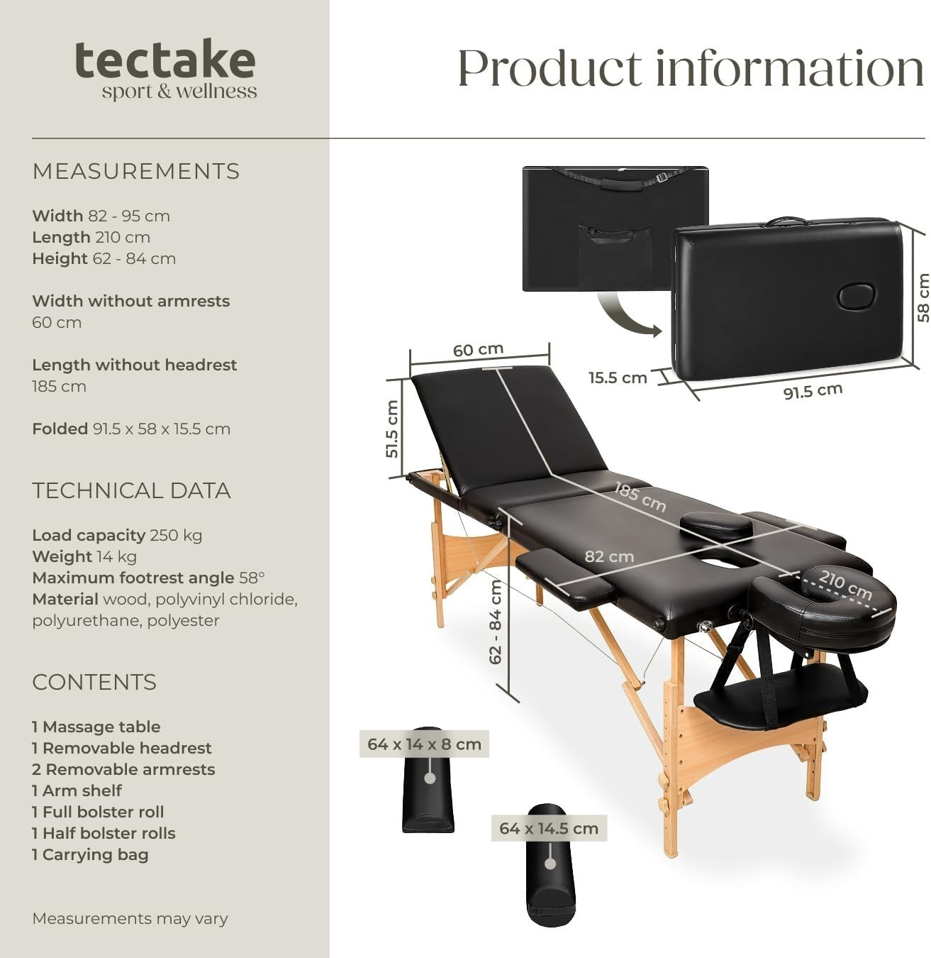 Portable Massage Table Foldable Adjustable Beauty Therapy Bed PVC Cover Black