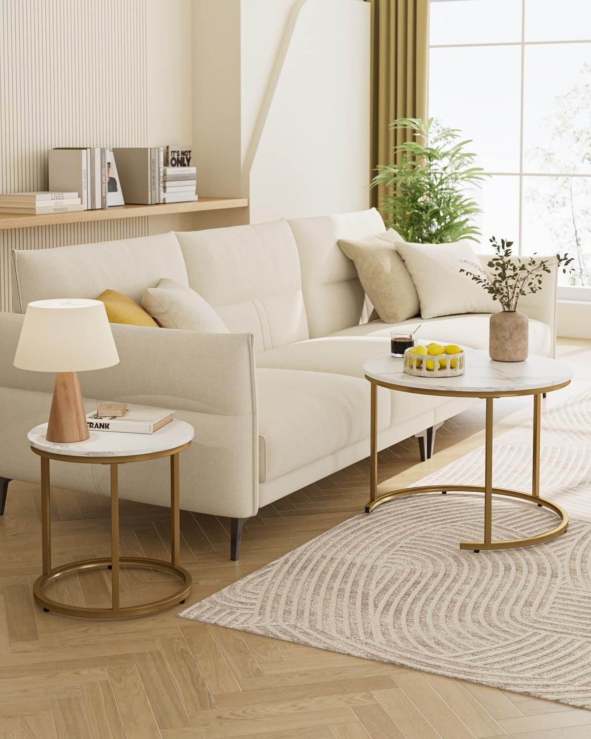 Round Nesting Coffee Tables Set of 2 – Grey Top Black Frame, Space- Gold