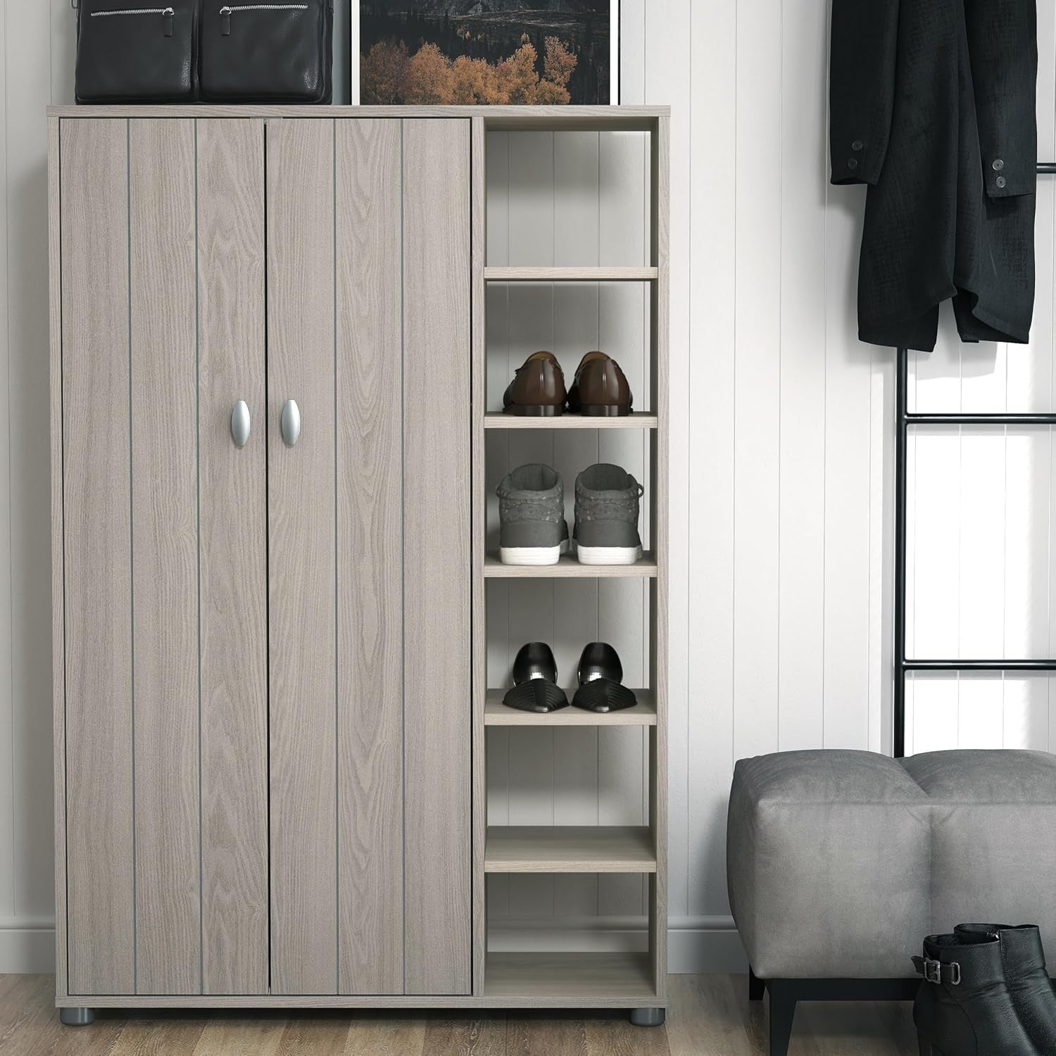 Warm Grey Oak 2-Door Shoe Cabinet 24-Pair Storage 79.6x35.3x119cm