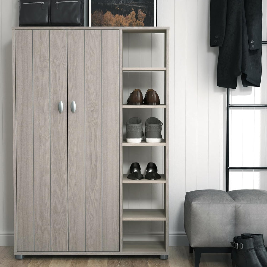 Warm Grey Oak 2-Door Shoe Cabinet 24-Pair Storage 79.6x35.3x119cm