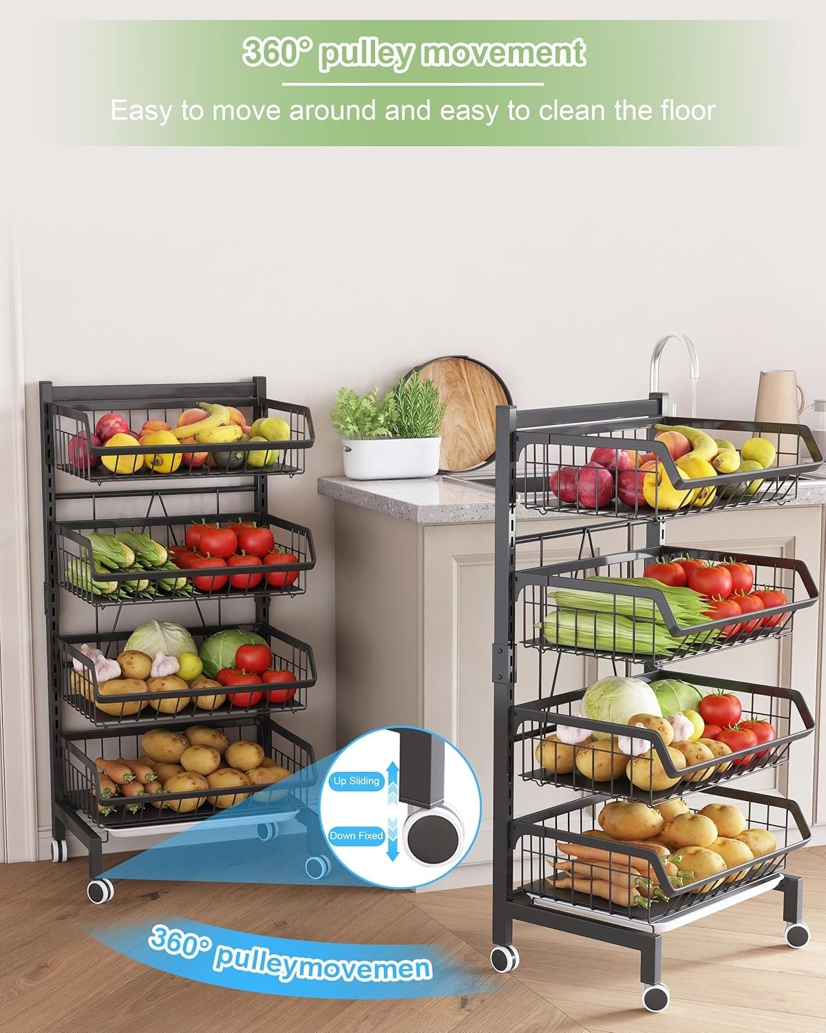 4 Tier Rolling Kitchen Storage Trolley Vegetable Rack Cart Black