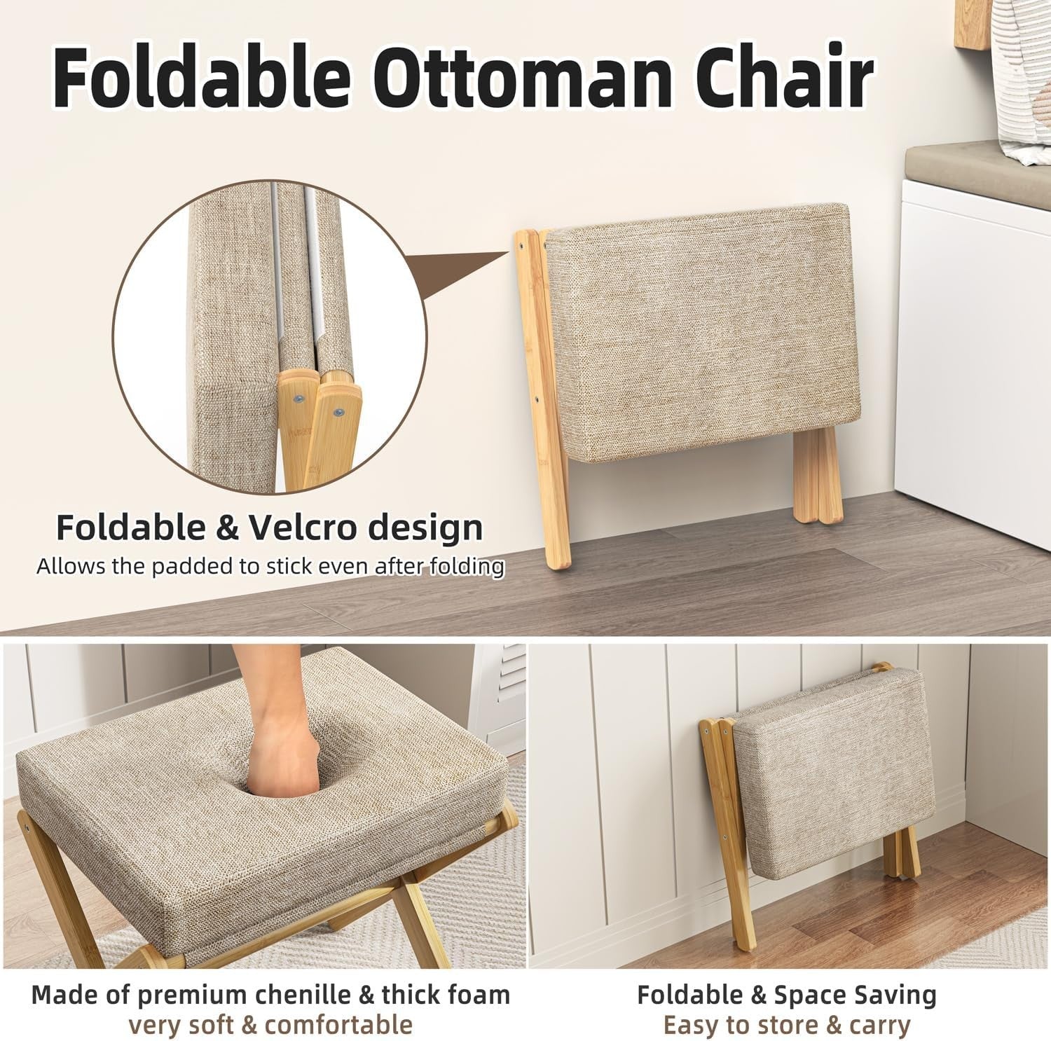 Natural Bamboo Foldable Footstool with Brown Chenille Cushion & X-Leg Design