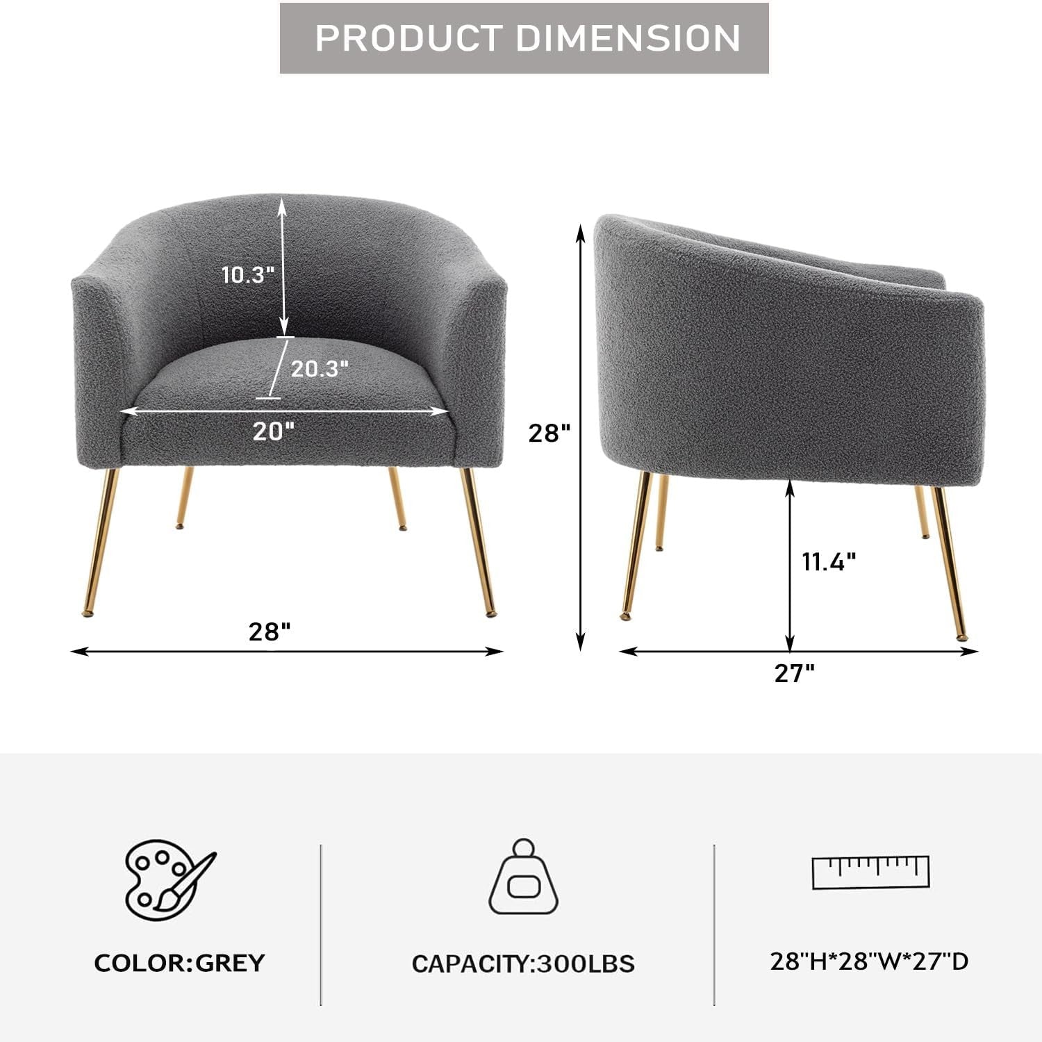 Grey Sherpa Accent Chair Barrel Armchair Gold Legs