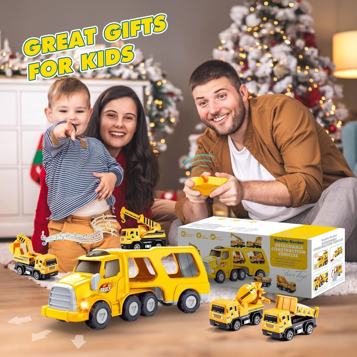 Remote Control Construction Truck Set with Lights & Music for Boys 1-6
