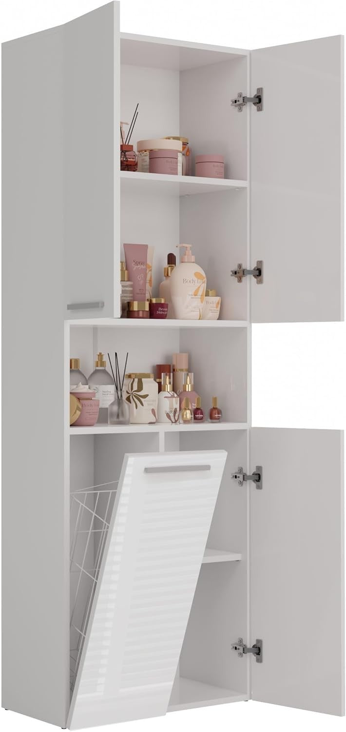 Modern White Gloss Bathroom Tall Storage Cabinet with Laundry Basket