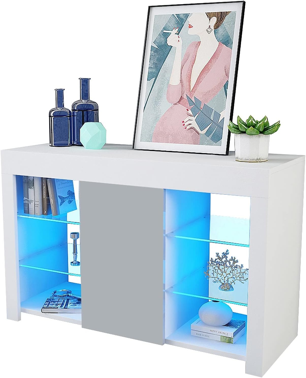 Modern White Gloss Sideboard Storage Cabinet with LED Lights & Glass Shelves