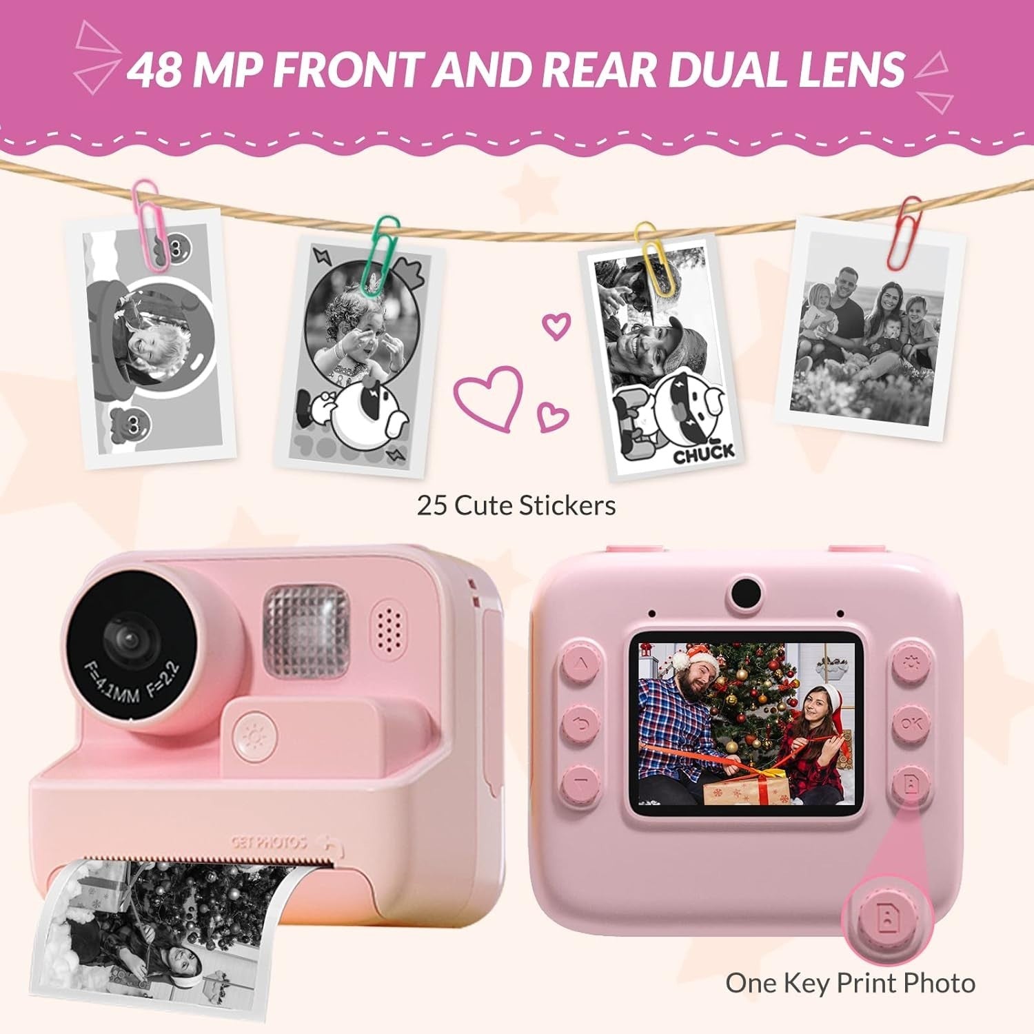 Kids Instant Print Camera 48MP Zero Ink 32GB Selfie Video Pink
