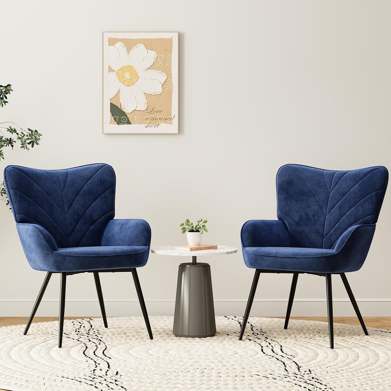 Blue Velvet Lounge Armchair Wide Seat Black Metal Legs