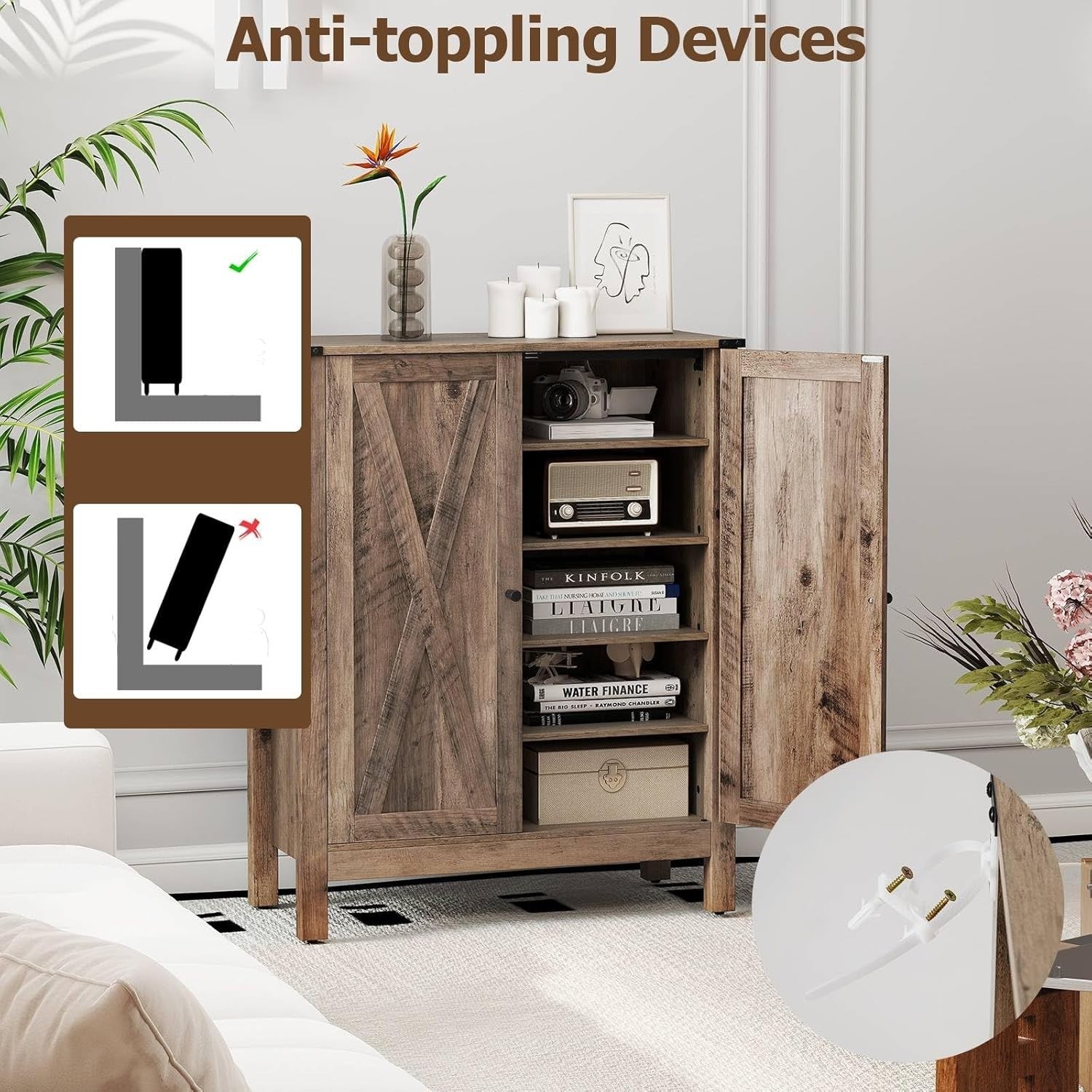 Adjustable 5-Shelf Wooden Shoe Cabinet with Anti-Tip Safety & Magnetic Doors