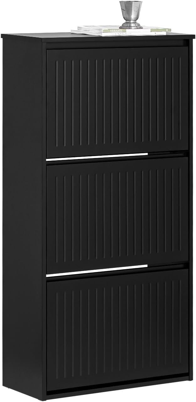 Black Slim 3 Flip-Drawer Shoe Cabinet – Modern Space-Saving Storage Unit