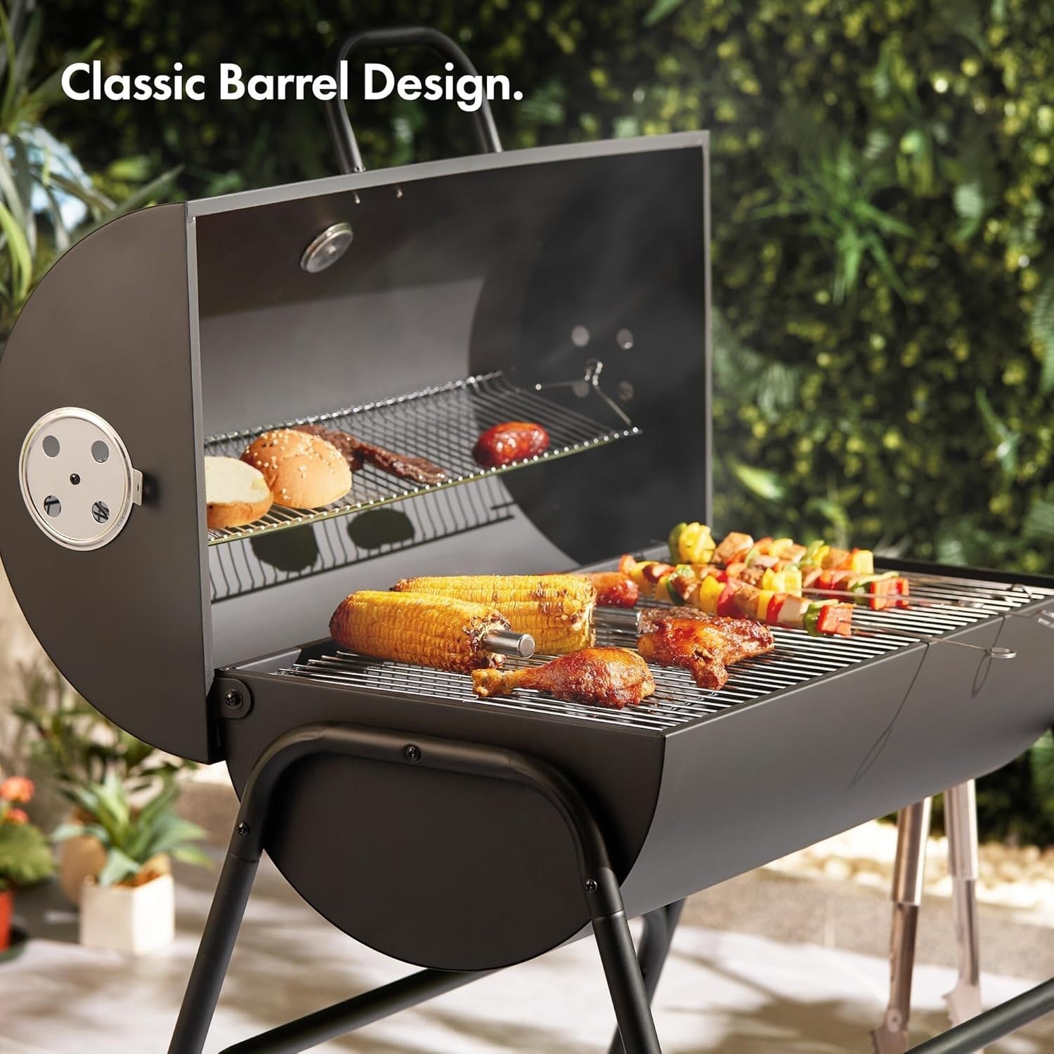 Portable Charcoal BBQ Grill with Smoker | Large Barrel Drum Grill | Warming Rack