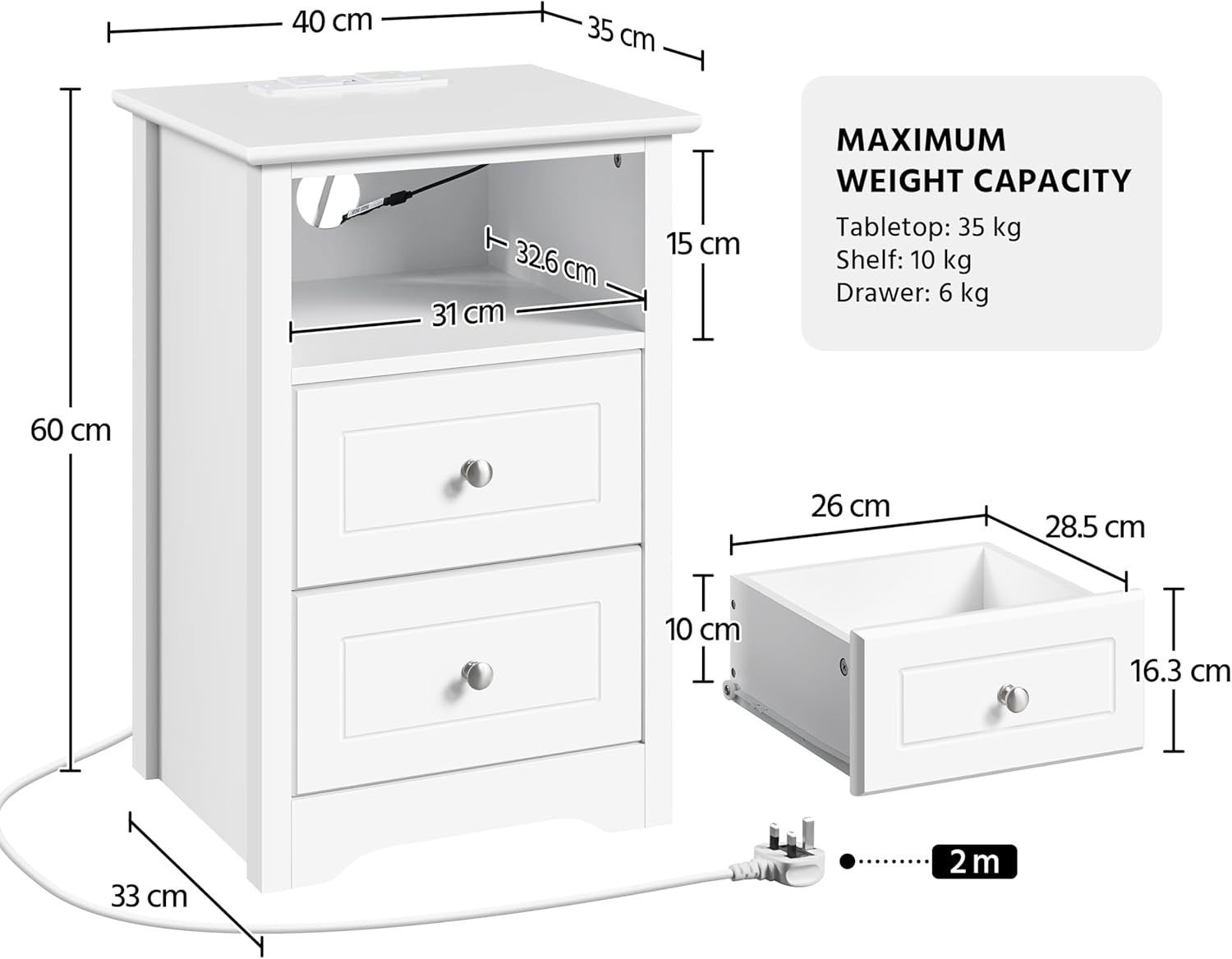 Set of 2 LED Bedside Tables with USB Charging Ports | Modern White Nightstands