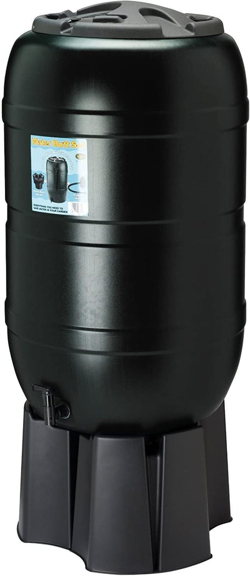 210L Black Garden Water Butt Kit with Stand, Tap & Filler for Outdoor Use