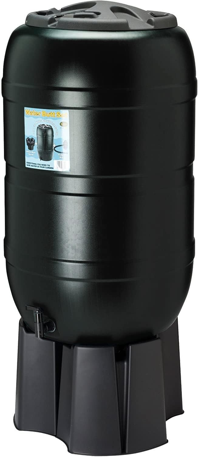210L Black Garden Water Butt Kit with Stand, Tap & Filler for Outdoor Use