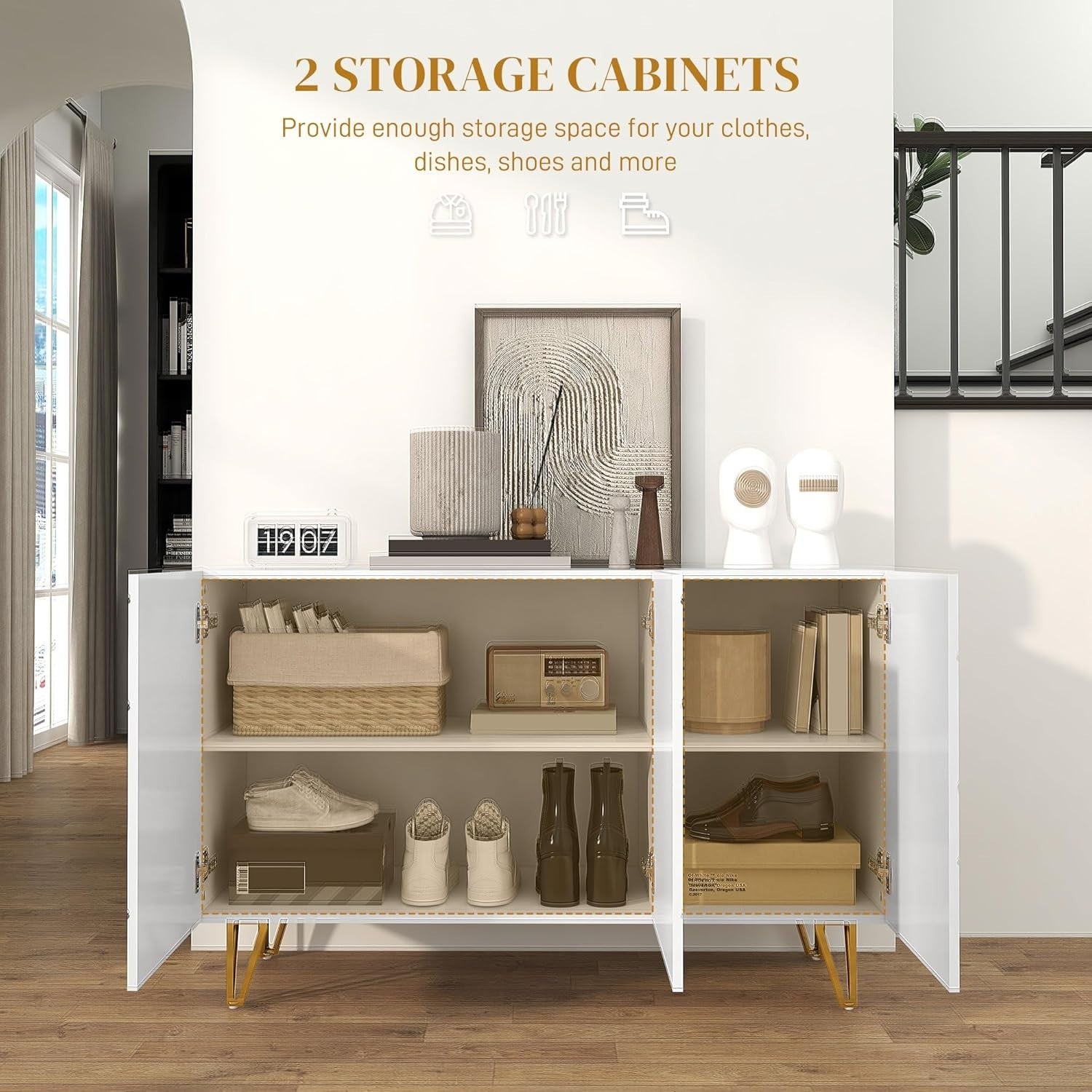 High Gloss Sideboard Cabinet White Gold Legs Modern Storage Unit 120cm