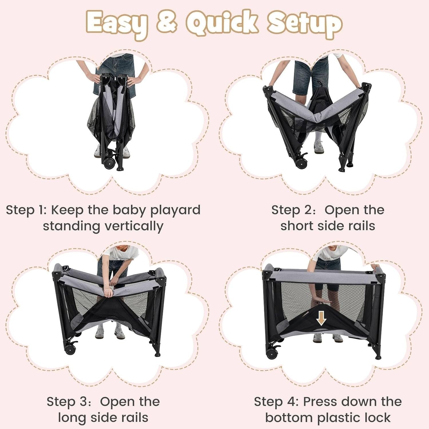 5in1 Baby Travel Cot Foldable Crib with Mattress, Changer & Storage Black