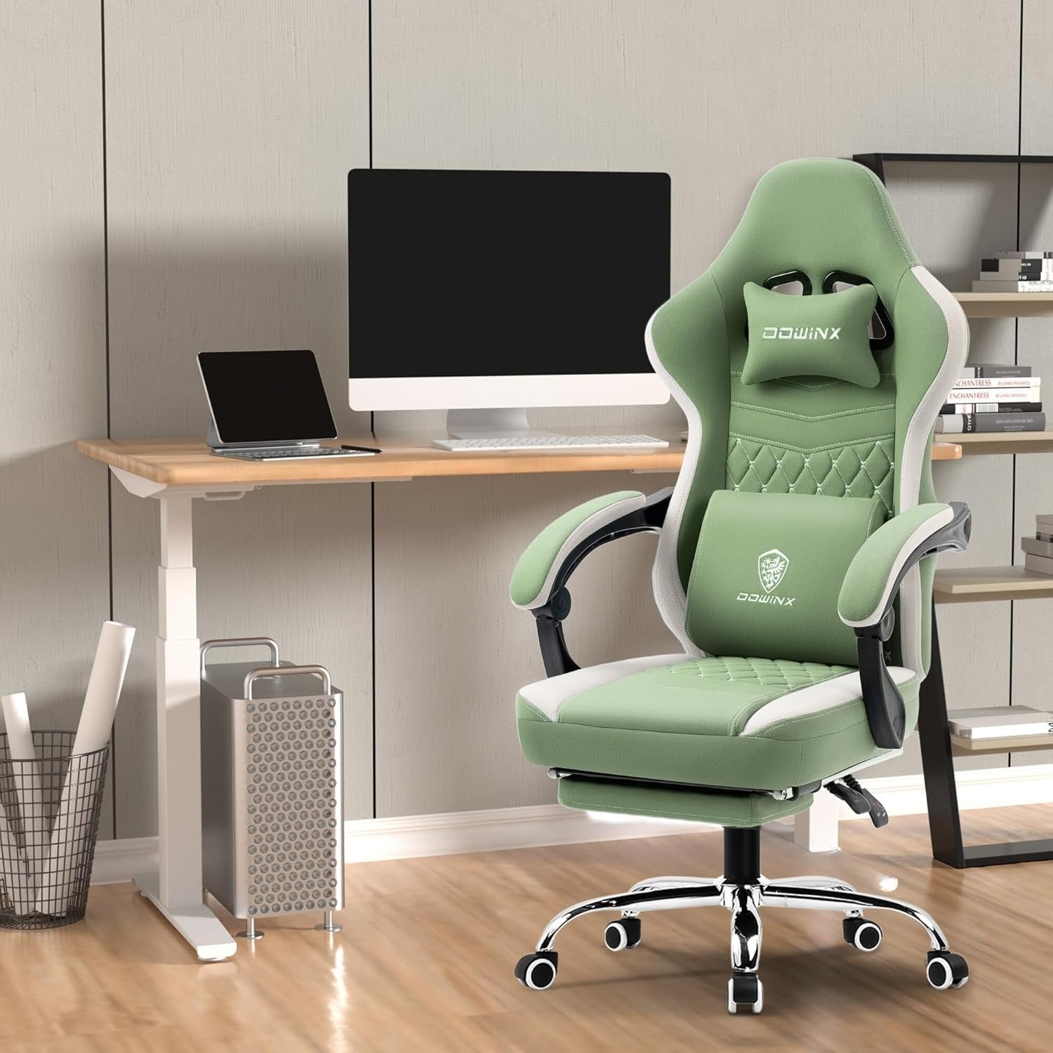 Oversized Gaming Chair Breathable Fabric Recliner w/ Footrest Green