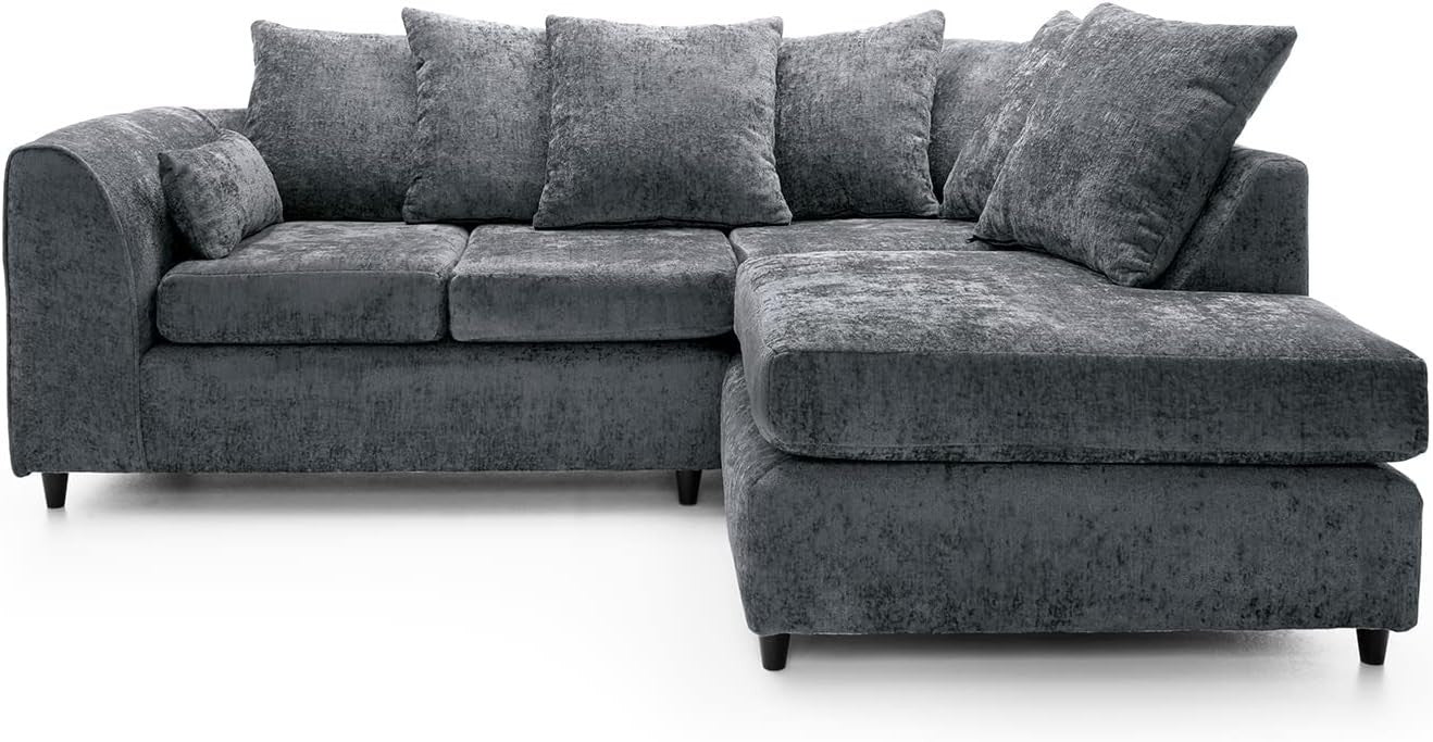Dark Grey Chenille Corner Sofa Right – Modern L Shape Couch for Living Room