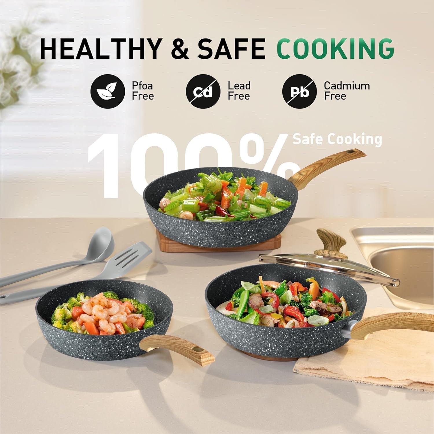 12pc Grey Non Stick Cookware Set Induction Ready Pots Pans with Lids & Utensils