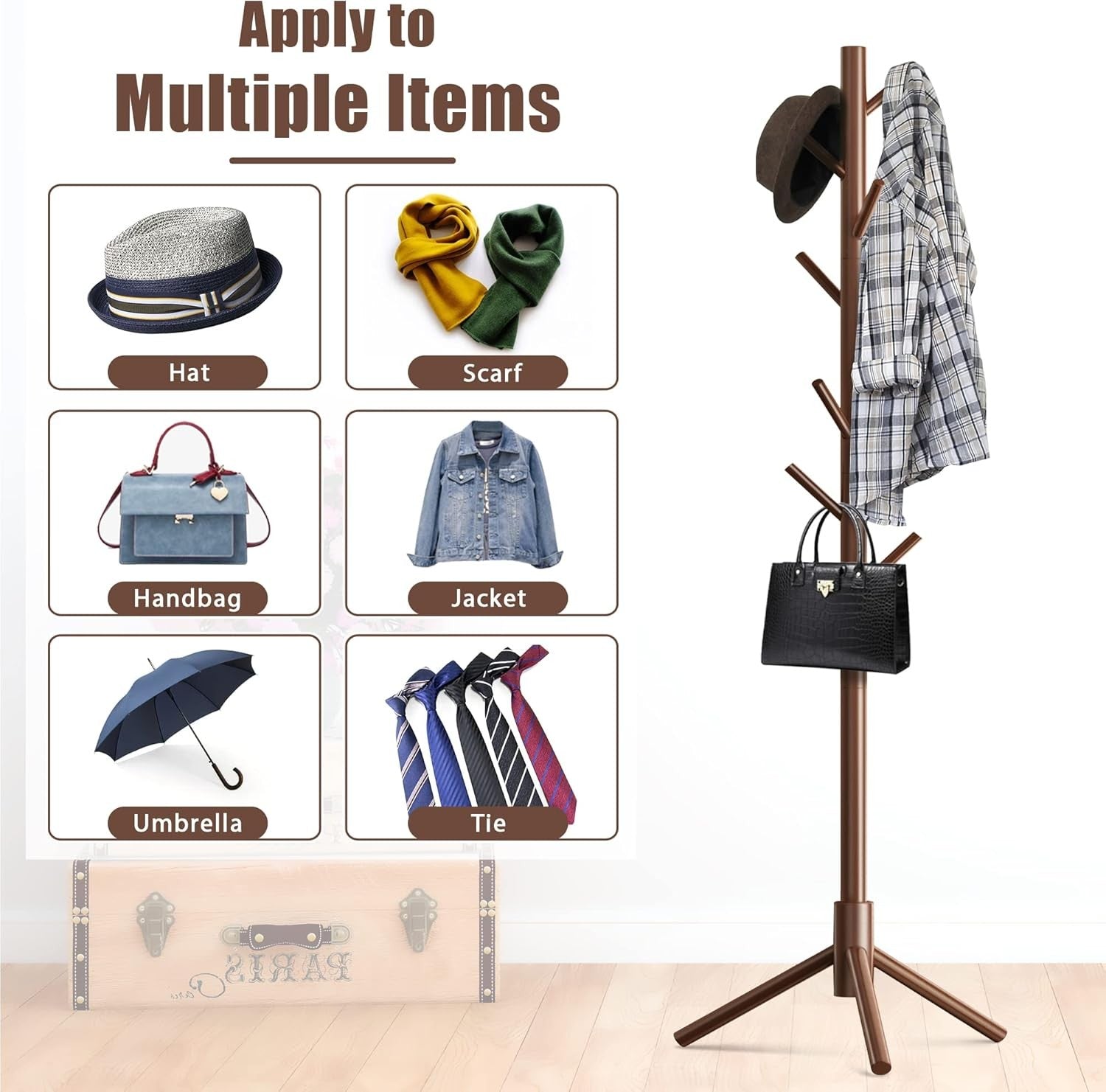 Wooden Coat Rack Stand with 8 Hooks Adjustable Pine Hallway Clothes Tree