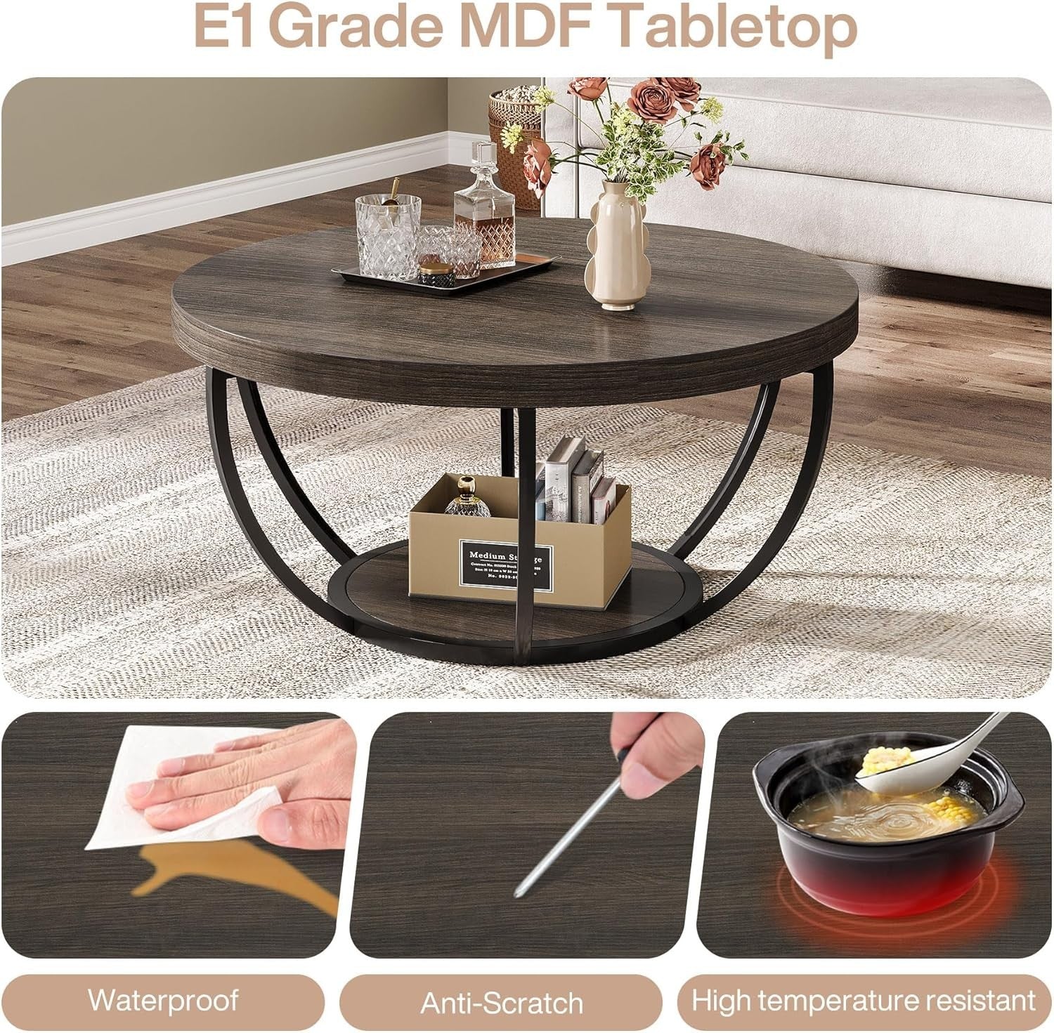 Round 2-Tier Coffee Table with Storage, Grey Wood Grain, 80.5x44cm