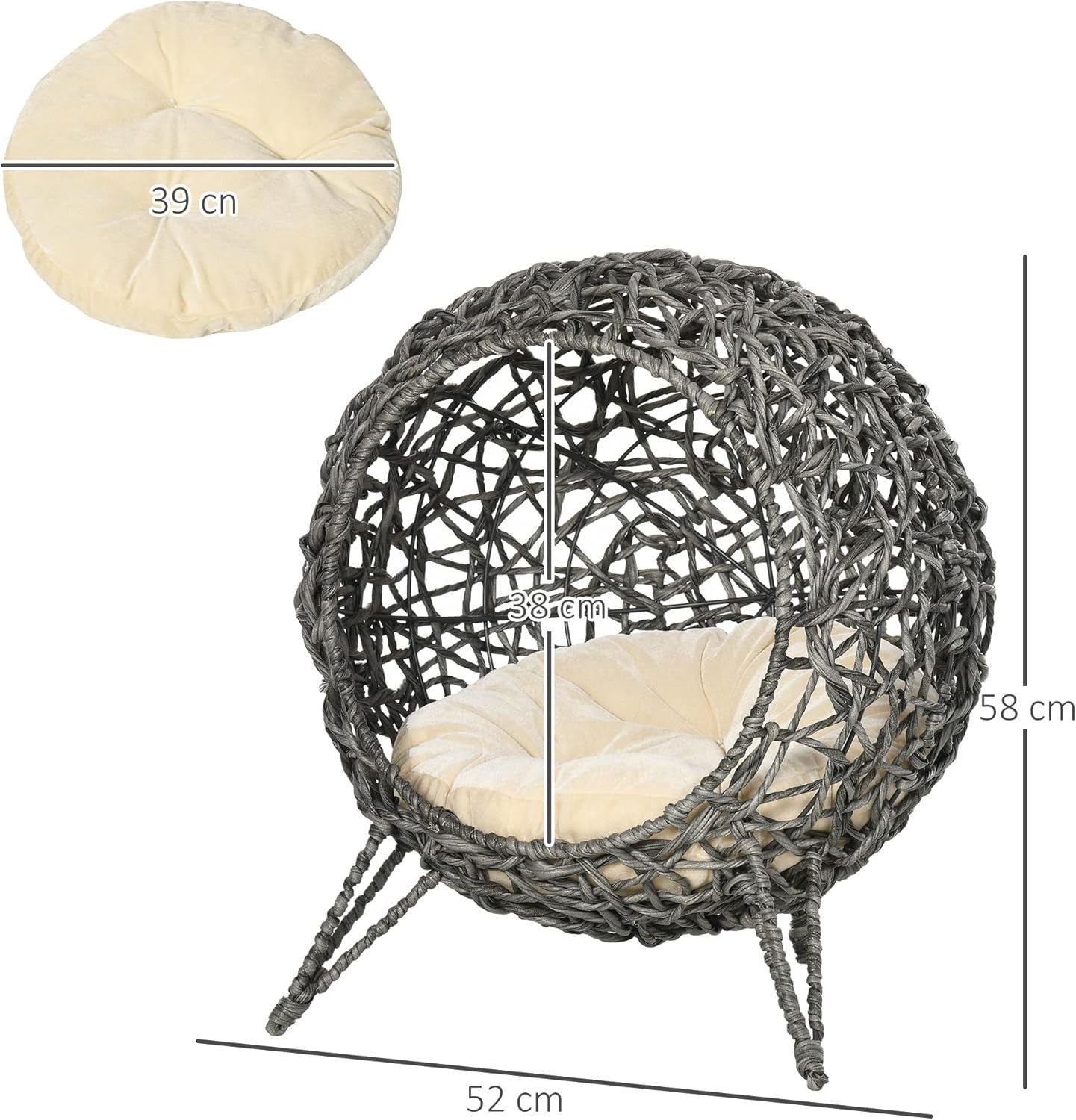Rattan Elevated Cat Bed House Ball Shape w Cushion Ventilated Cave