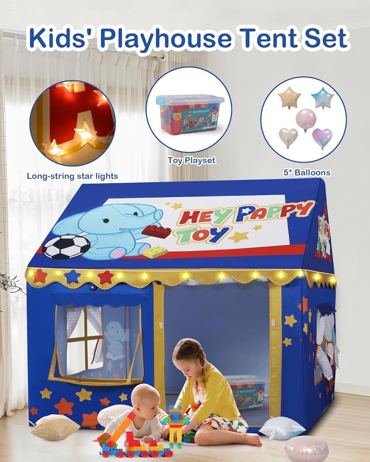Kids Indoor Outdoor Play Tent w Lights Toy Set 3 Windows Large