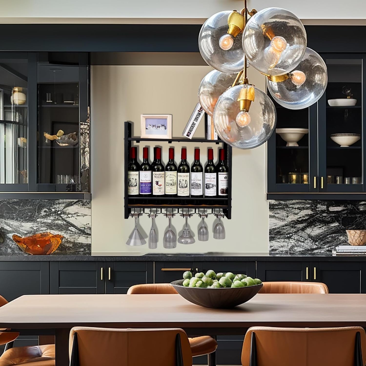 Wall Mounted Wine Rack 2 Tier Metal Wine Shelf with Glass Holder Black