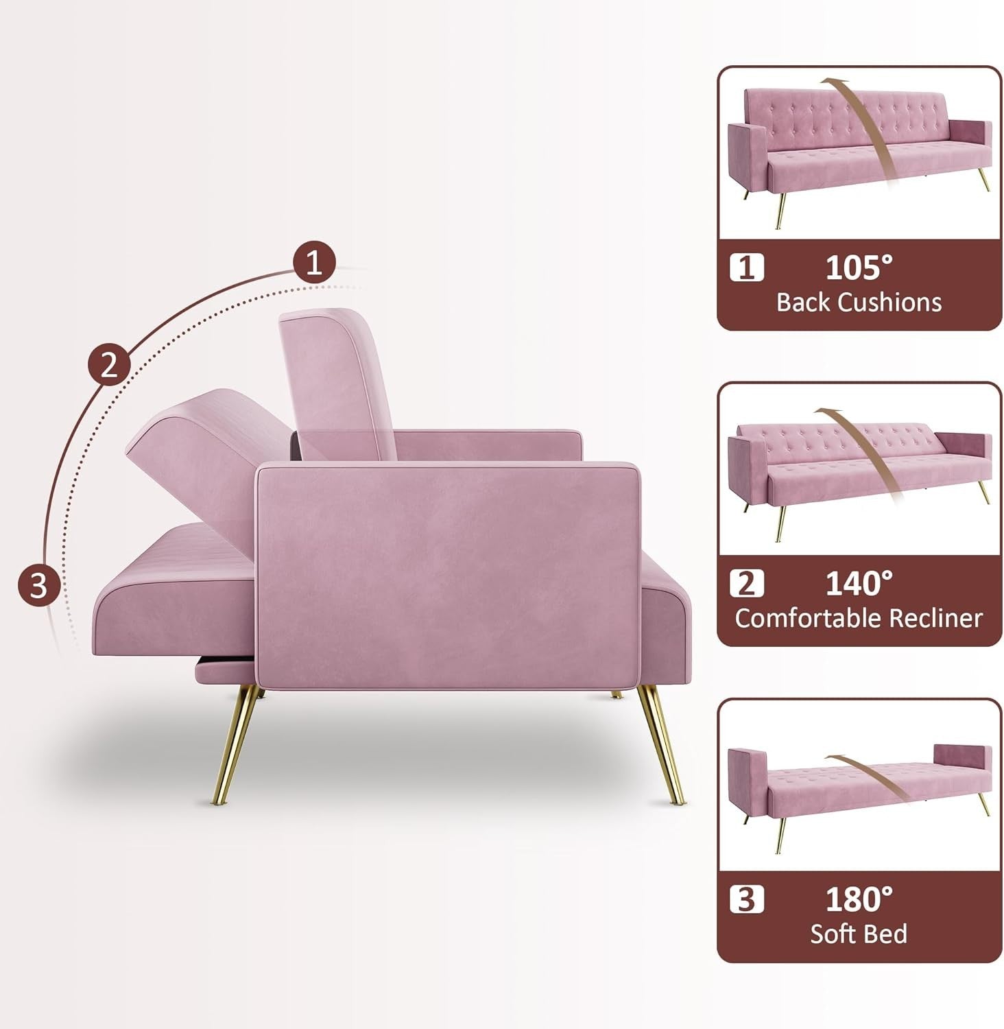 Pink  Velvet Sofa Bed 3 Seater Click Clack Couch for Lounge Home Office