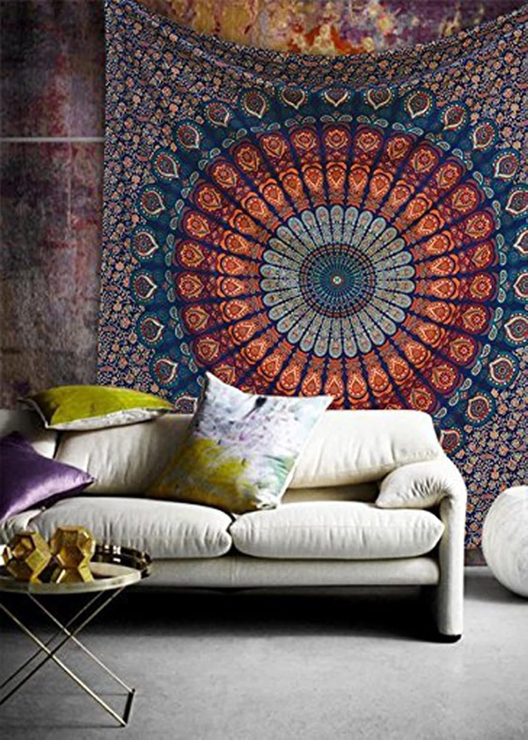 Blue Orange Mandala Tapestry 52x60in Boho Wall Hanging Cotton