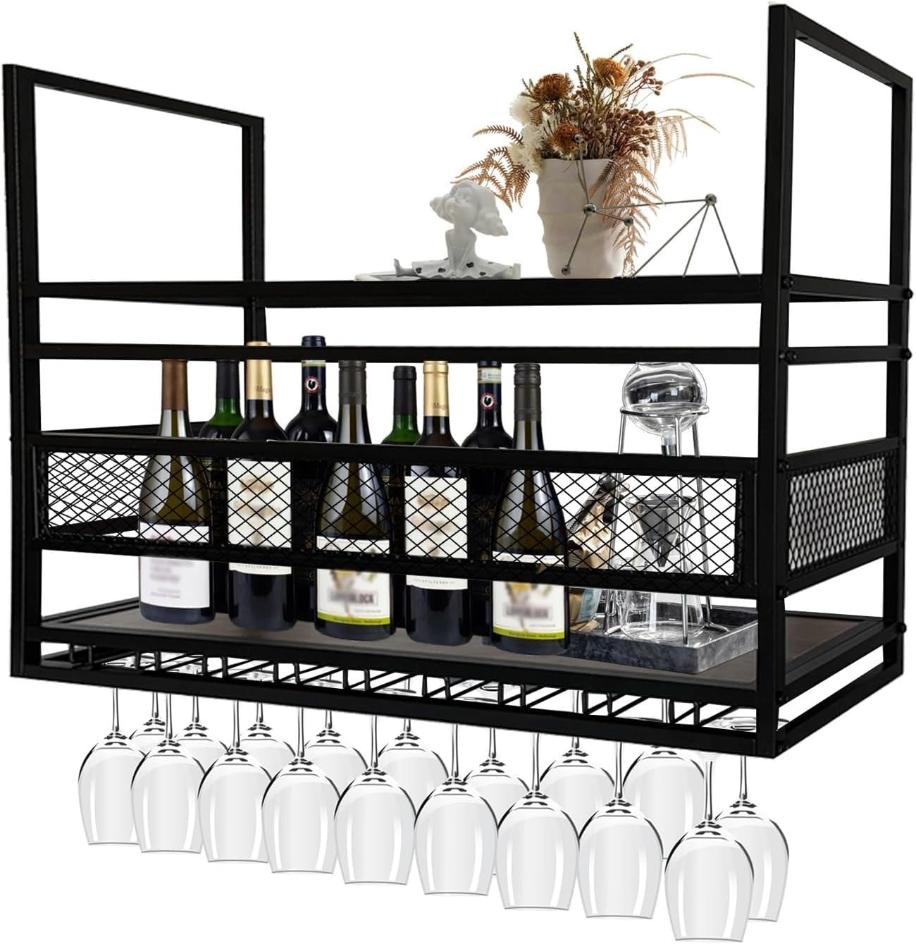 Hanging Wine Glass Rack 2-Tier Ceiling Bar Shelf Bottle Storage Display Kitchen