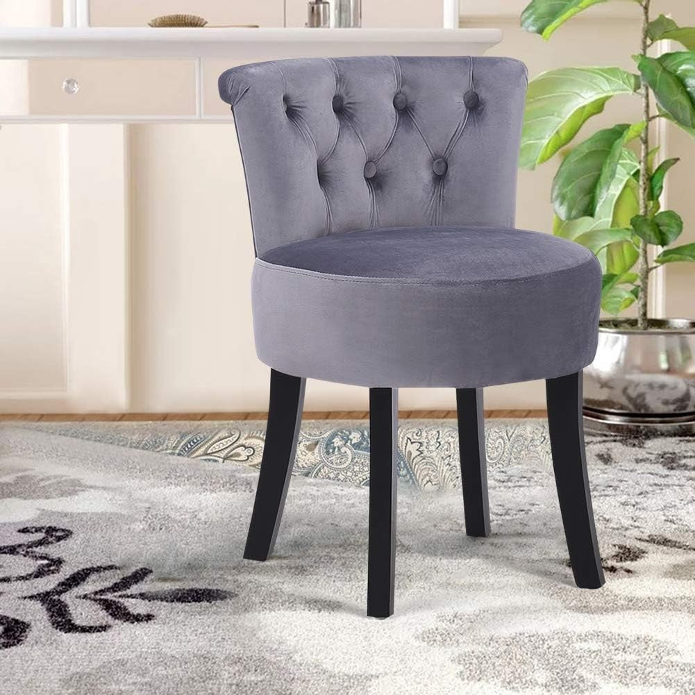 Grey High-Back Linen Vanity Chair – Padded Dressing Table Stool 40×40×69cm