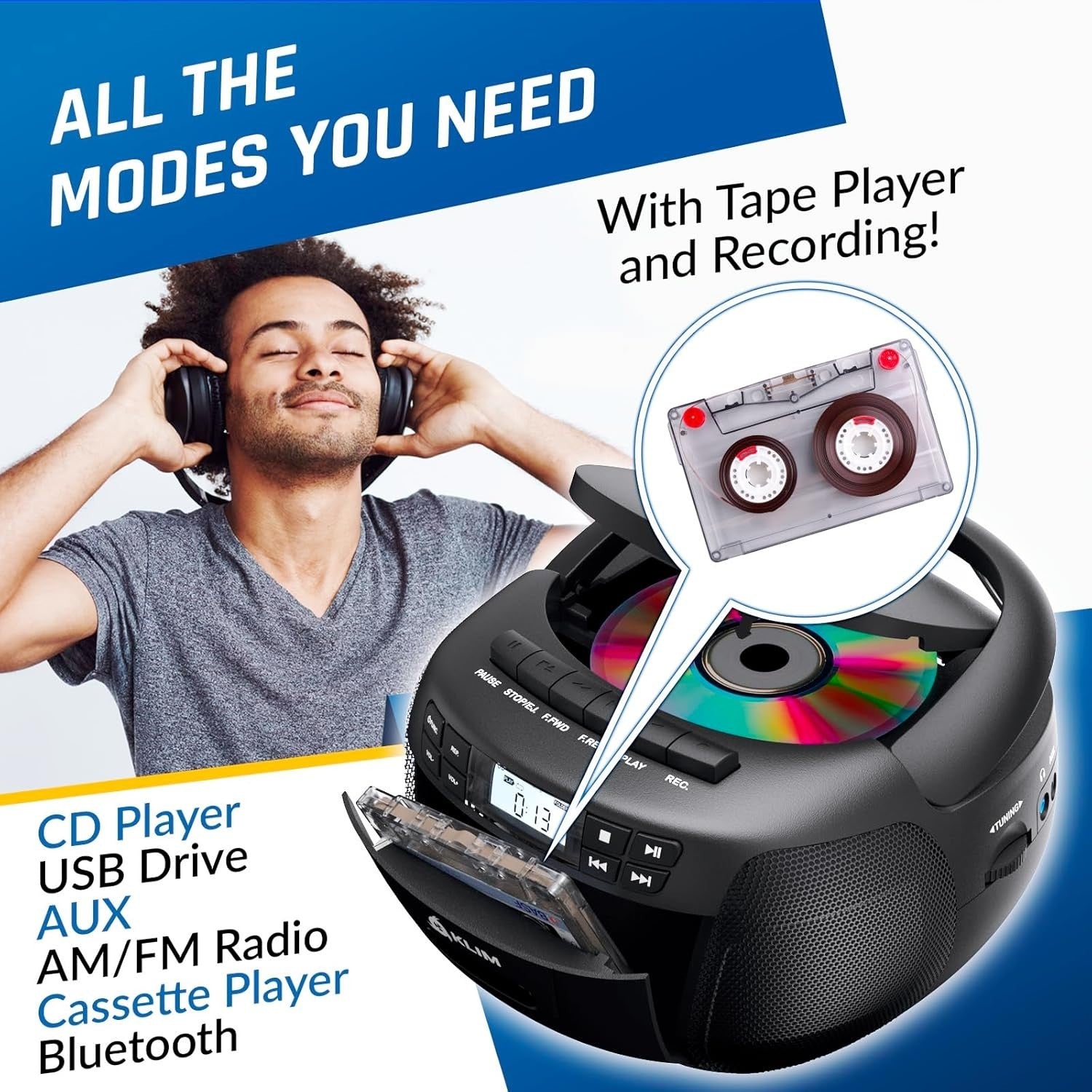 CD Cassette Player Boombox Bluetooth AM FM Radio USB AUX Remote Stereo