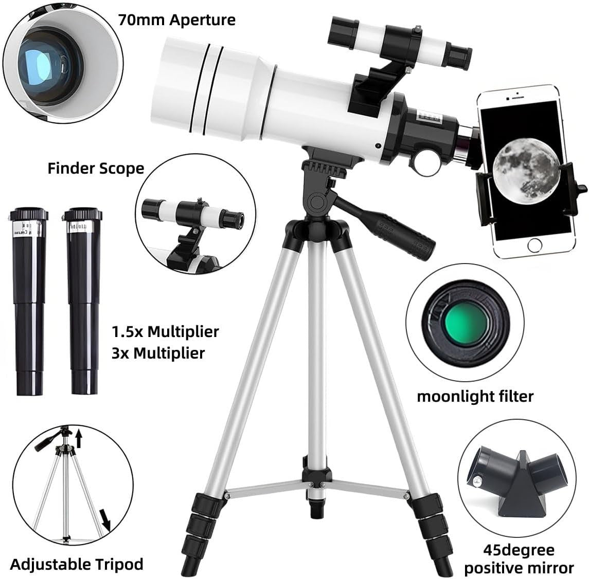 70mm White Refractor Telescope 15X-150X with Phone Adapter