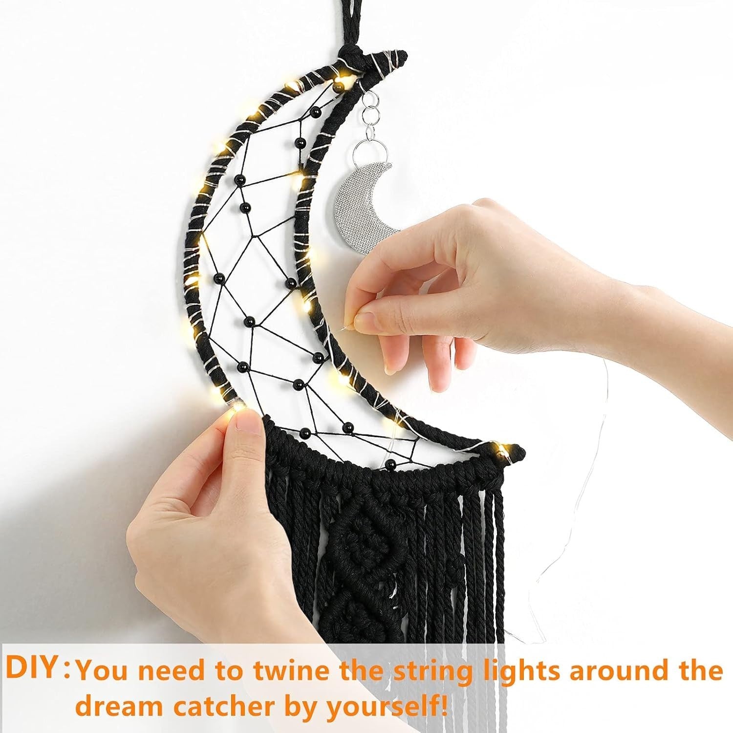 Boho Moon Macrame Wall Hanging 32” Cotton Cord + DIY String Lights