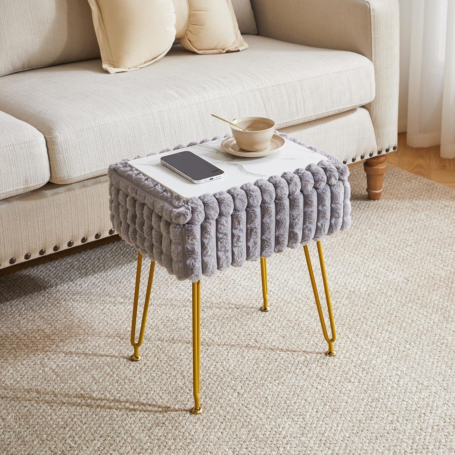 Grey Rectangular Vanity Stool with Storage – Modern Footrest & Side Table