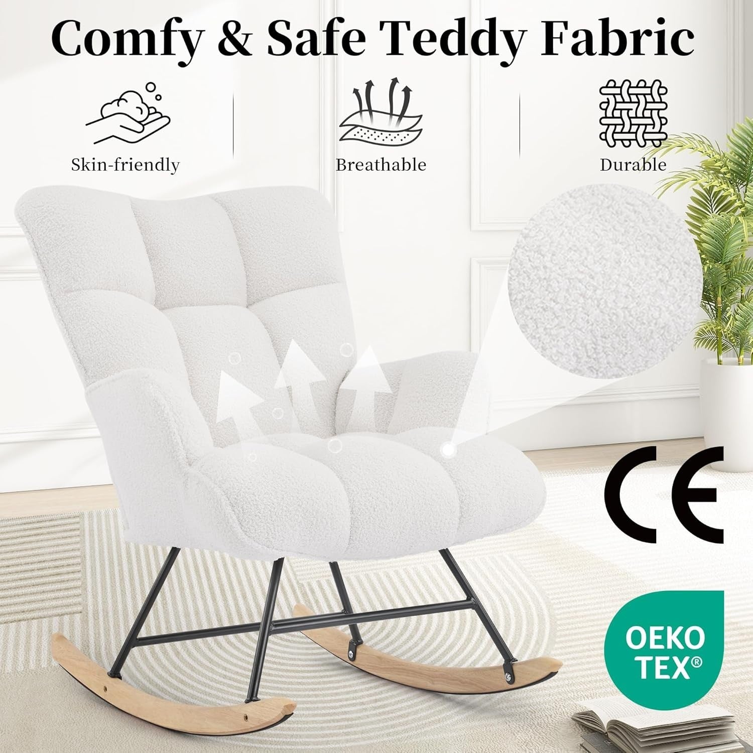 Teddy Rocking Chair for Nursery Glider Armchair Comfy Tufted Back White