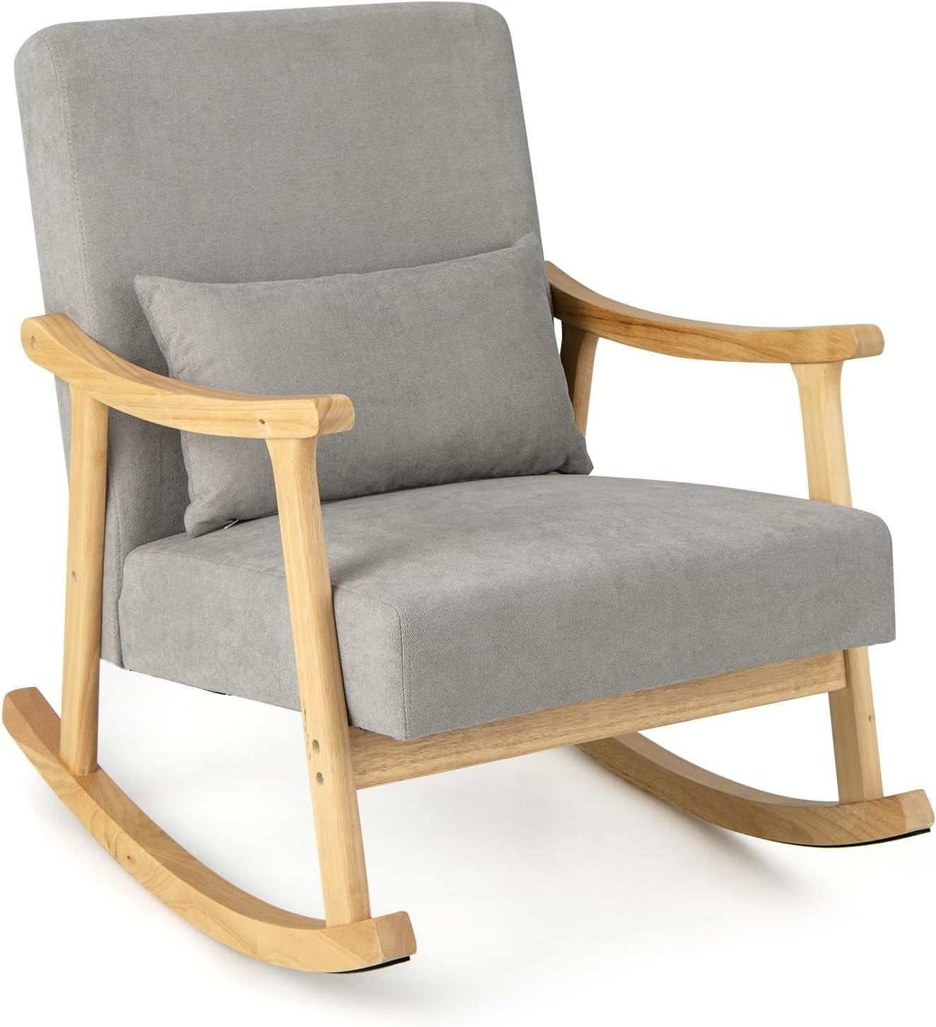 Modern Rocking Chair Wooden Frame Linen Seat, Comfy Lounge Armchair 88x65x82cm