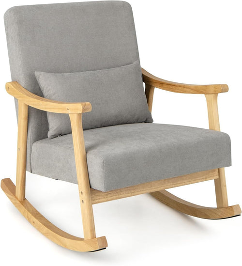 Modern Rocking Chair Wooden Frame Linen Seat, Comfy Lounge Armchair 88x65x82cm