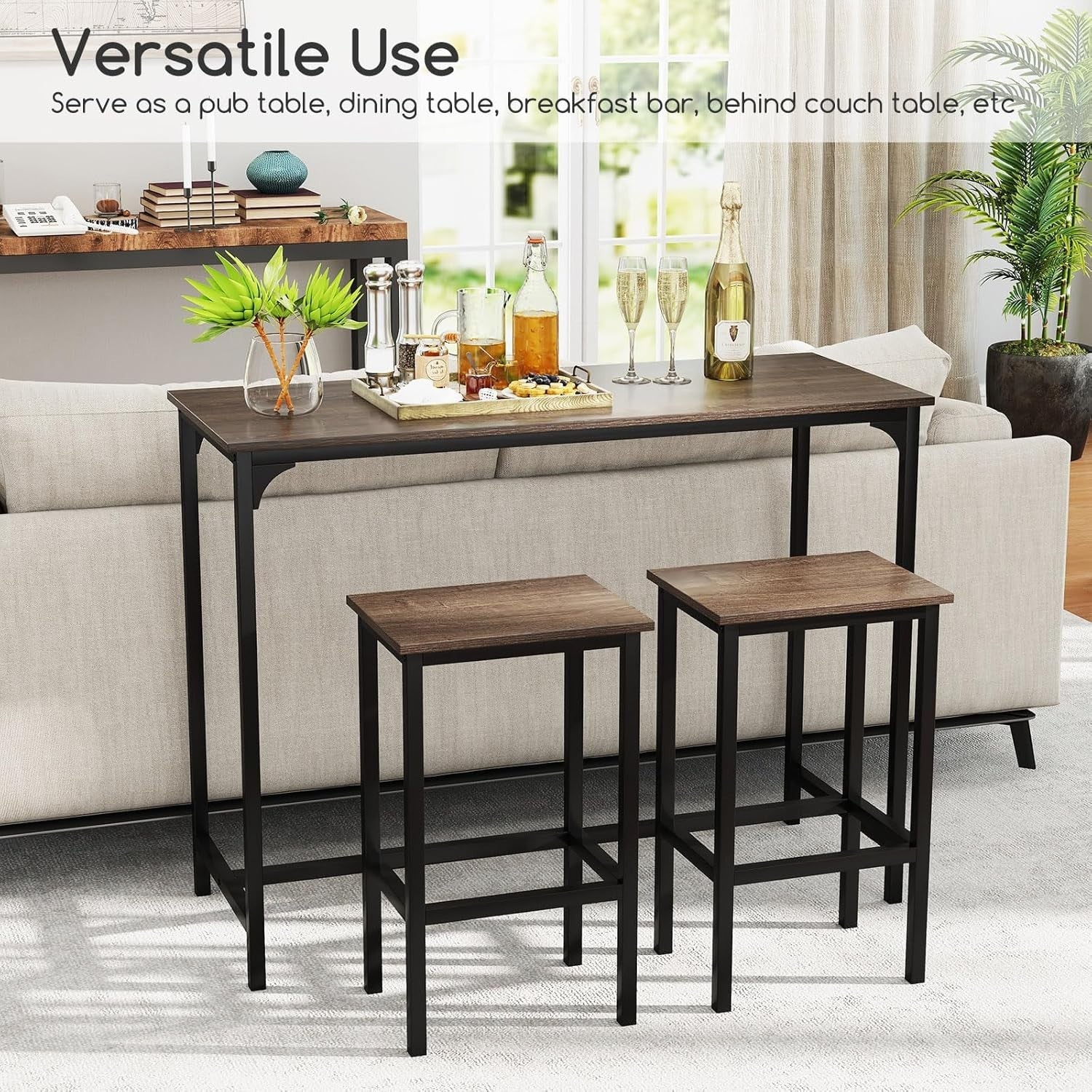3 Piece Bar Table Set with Stools Space Saving Counter Height Dining Gray Black