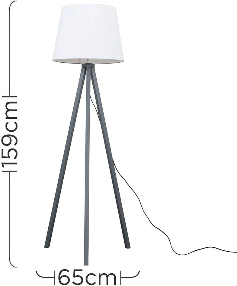 Grey Wooden Tripod Floor Lamp White Tapered Shade Living Room Light