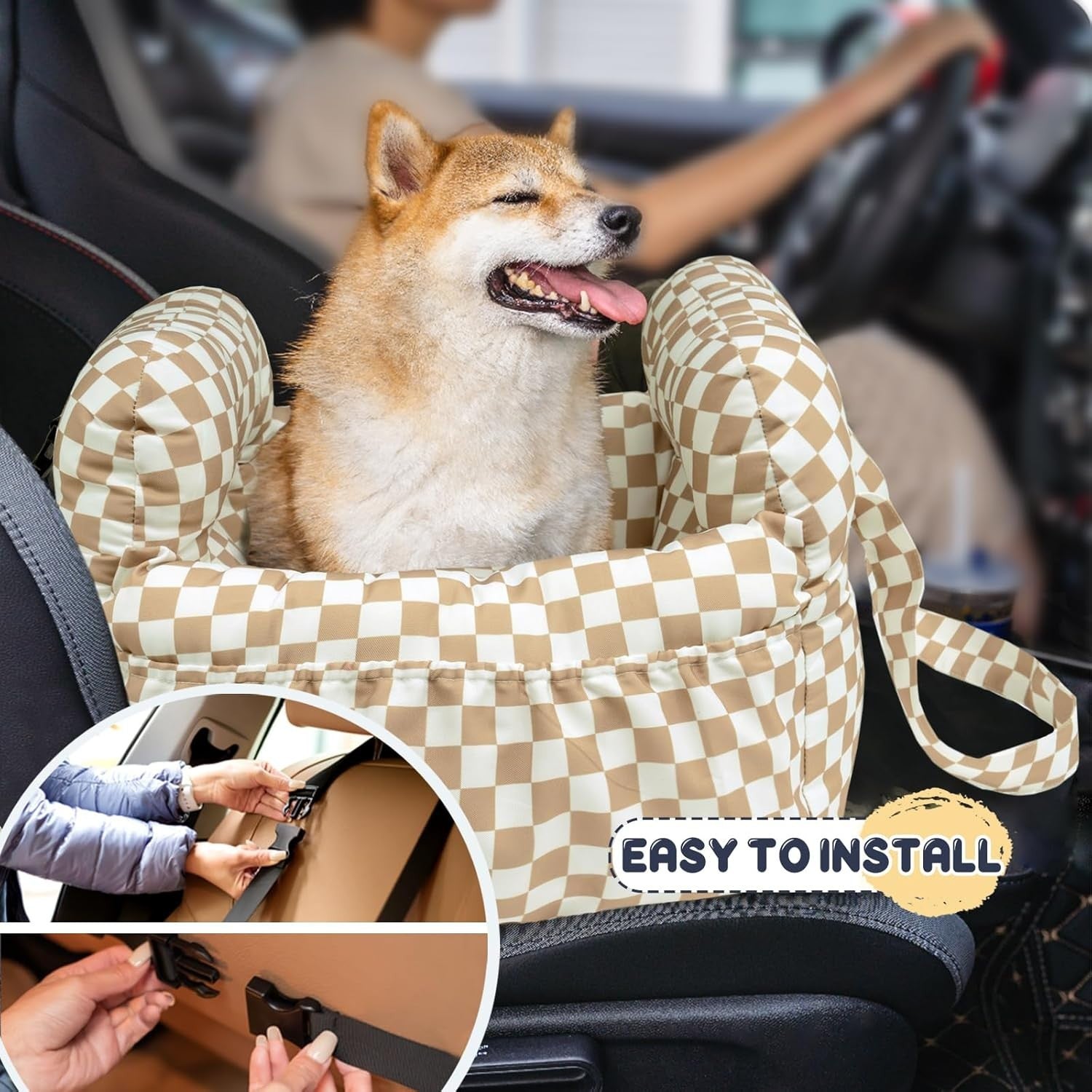 Dog Car Booster Seat Pet Travel Carrier Bed Safety Leash Checkered Khaki