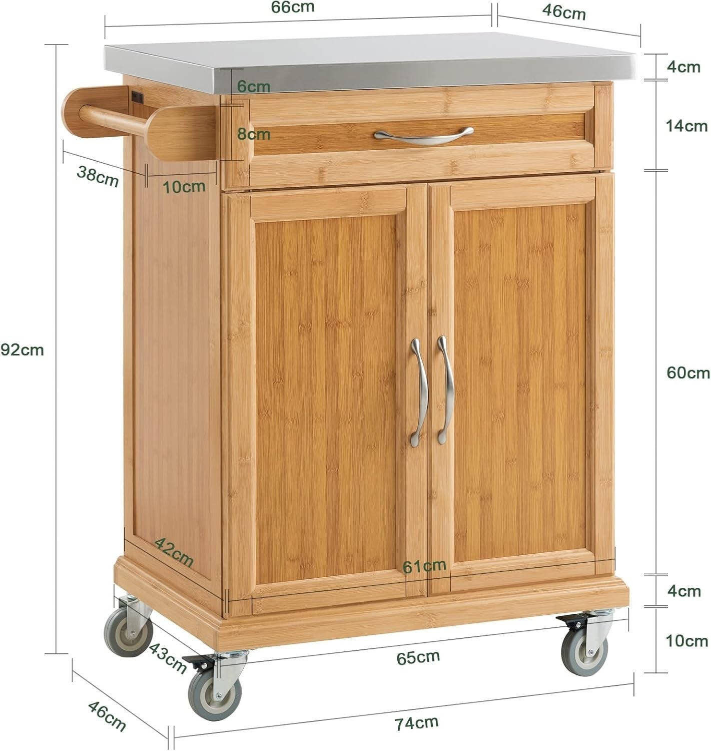 Bamboo Kitchen Trolley Stainless Steel Top Storage Cart
