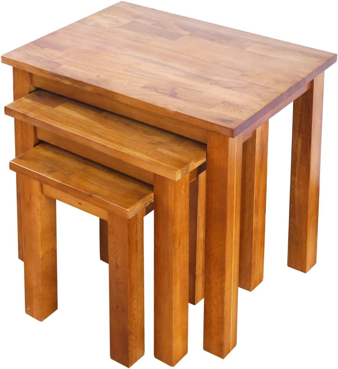 Nest of 3 Rustic Oak Wood Side End Tables Coffee Lamp Set Rectangular Easy Assem
