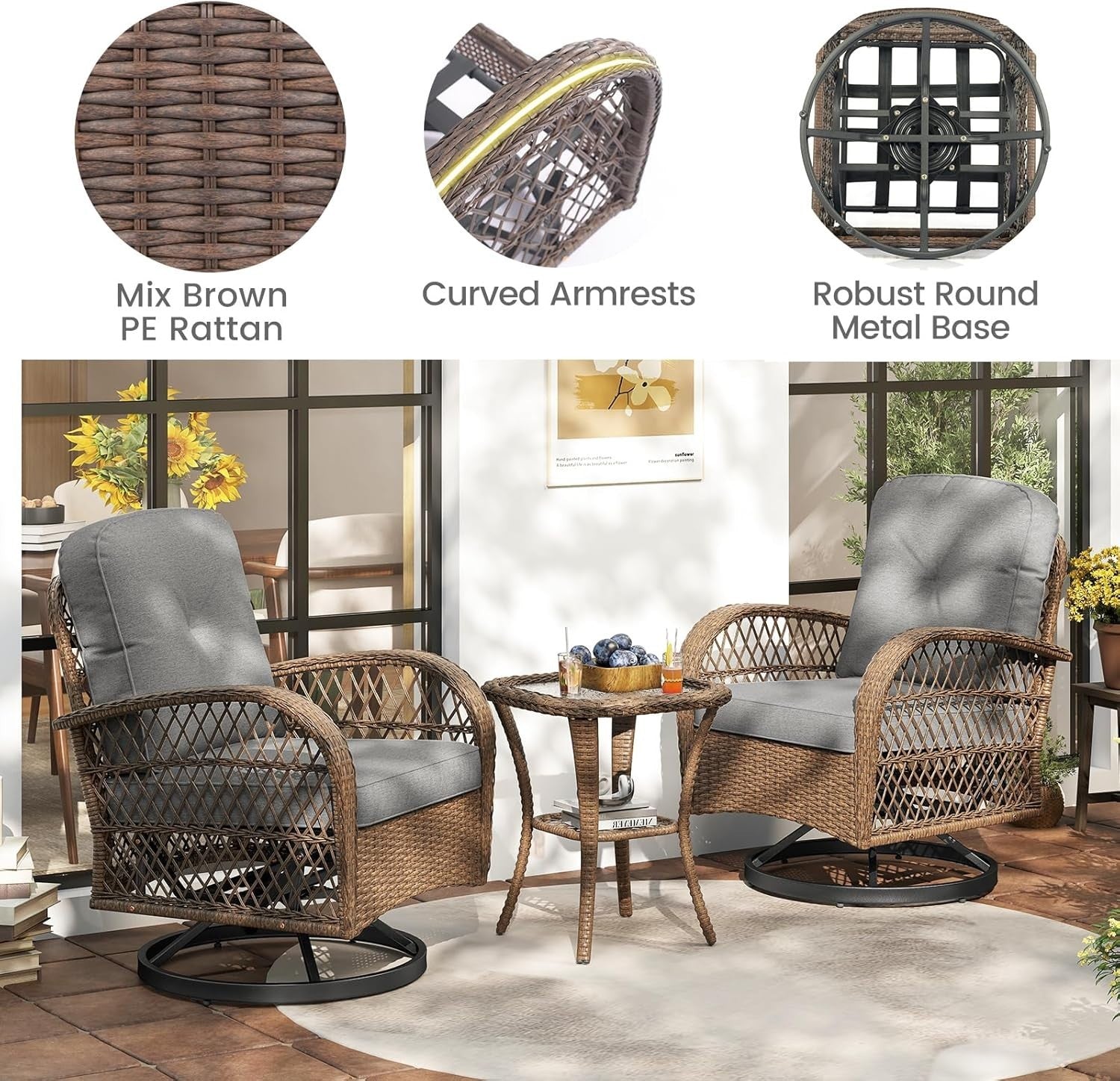 Luxury Swivel Rattan Bistro Set 360° Chairs Side Table Garden Patio