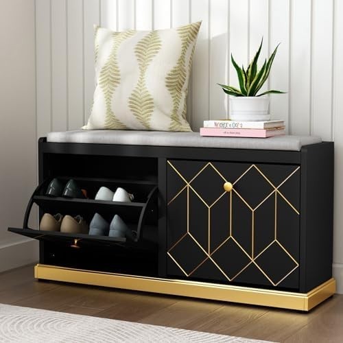 Black Shoe Storage Bench with Cushion Flip Drawer Modern Hallway Cabinet
