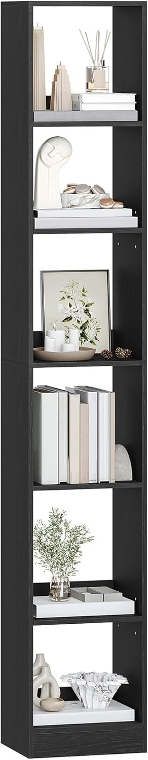 Modern 6-Tier Black Wooden Bookshelf, Adjustable Shelves, 24x30x184 cm